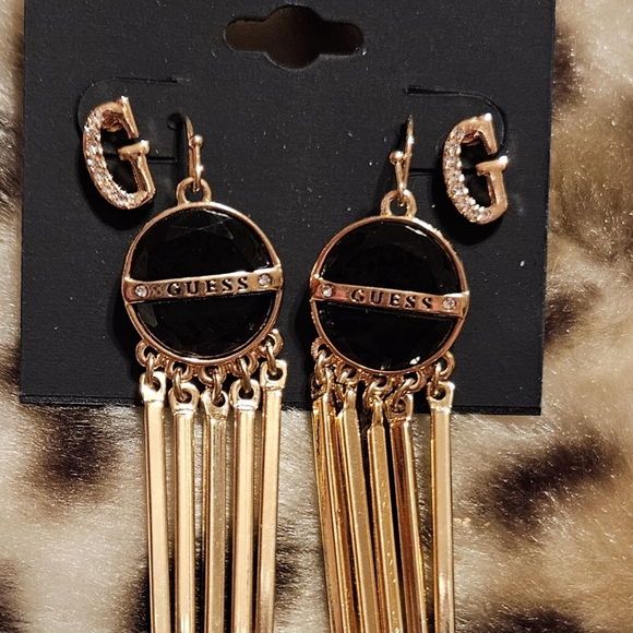 NWT | Guess Earrings | Set of 2 | Dangle and Studs | Gold | Black | Rhinestones - Picture 2 of 4